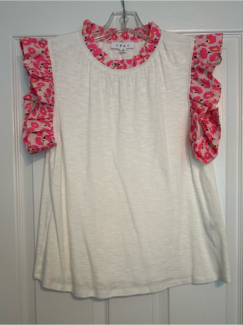 THML White Top with Bright Pink Floral Ruffle Trim Size Small Worn Once